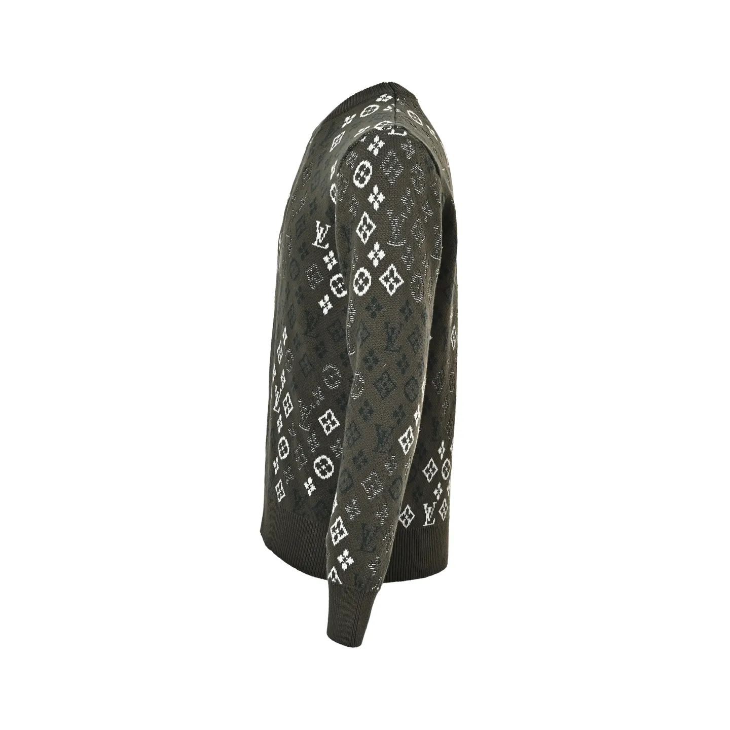Louis Vuitton/Louis Vuitton military green old flower jacquard round neck knitted sweater